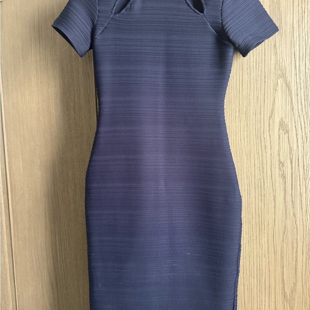 Shoshanna Blue Ribbed Franco cut out Shoulder Midi Dress